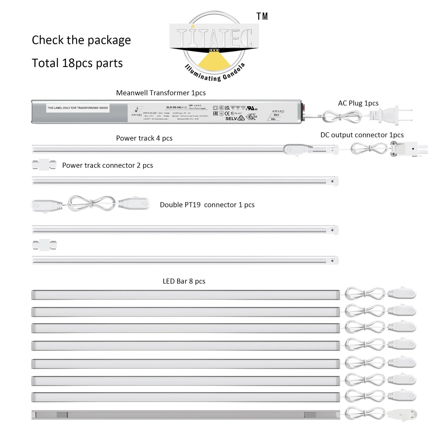 TITATEC Gondola Shelving Lights kit Includes 8 Pack 4200K Natural White Light Bars, LED Driver and Accessories Suits for Super Market Retail Display Shelves via Magnets to Install Under Shelf