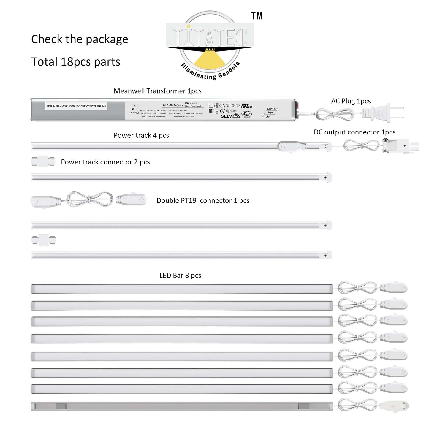 TITATEC Gondola Shelving Lights for 4ft Shelf Total 16-Pack LED Lights bar kit Includes Power Supply Bundling Extender Splitter Cable Kit